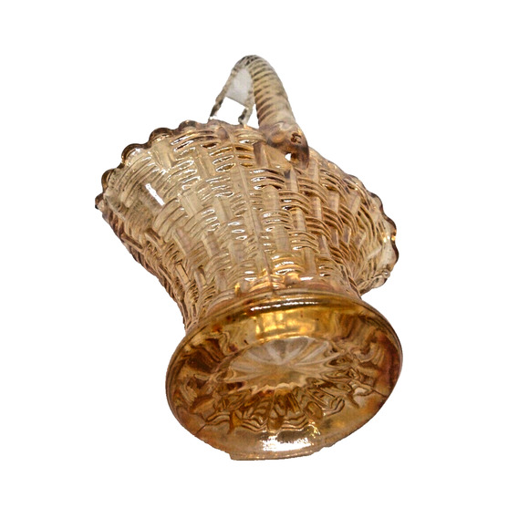 Vintage Iridescent Marigold Carnival Glass Basket, Weave Pattern, Dugan - Picture 5 of 6